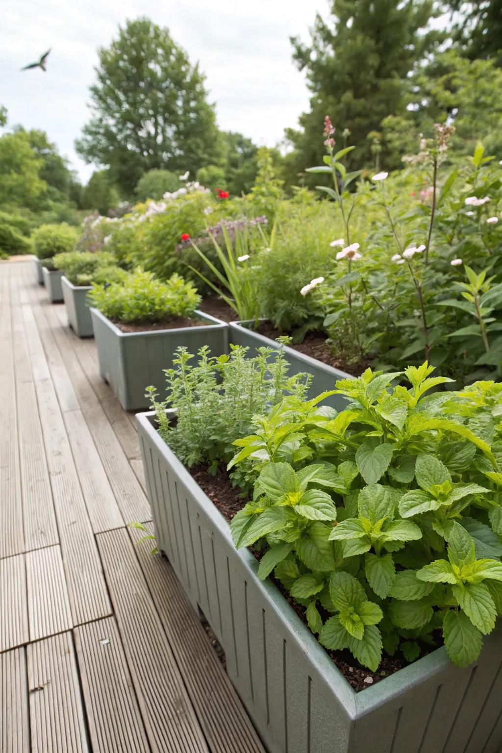 Herb-rich containers contribute both fragrance and purpose to the garden.