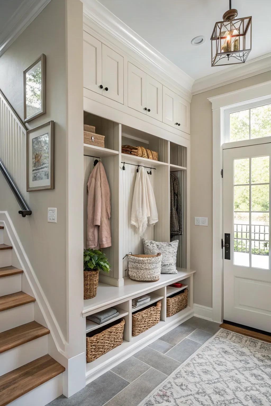 The use of neutral colors enhances spaciousness and brightness.