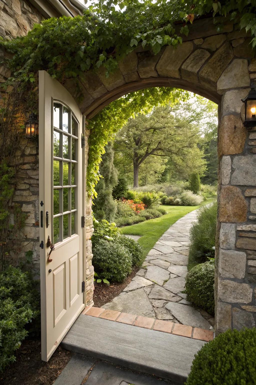A front door beautifully framed by natural stone.