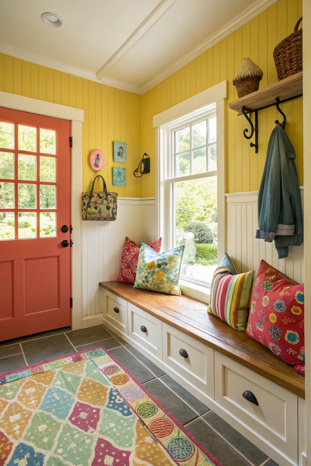 Vibrant hues transform this mudroom into a lively entryway.