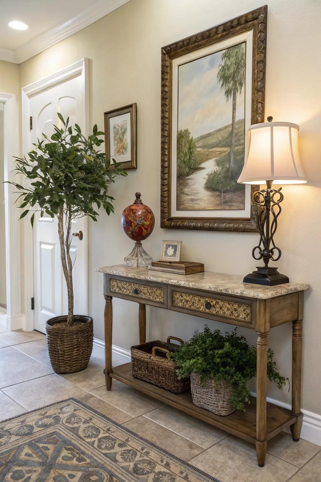 Plants and art introduce character and warmth to your entryway.