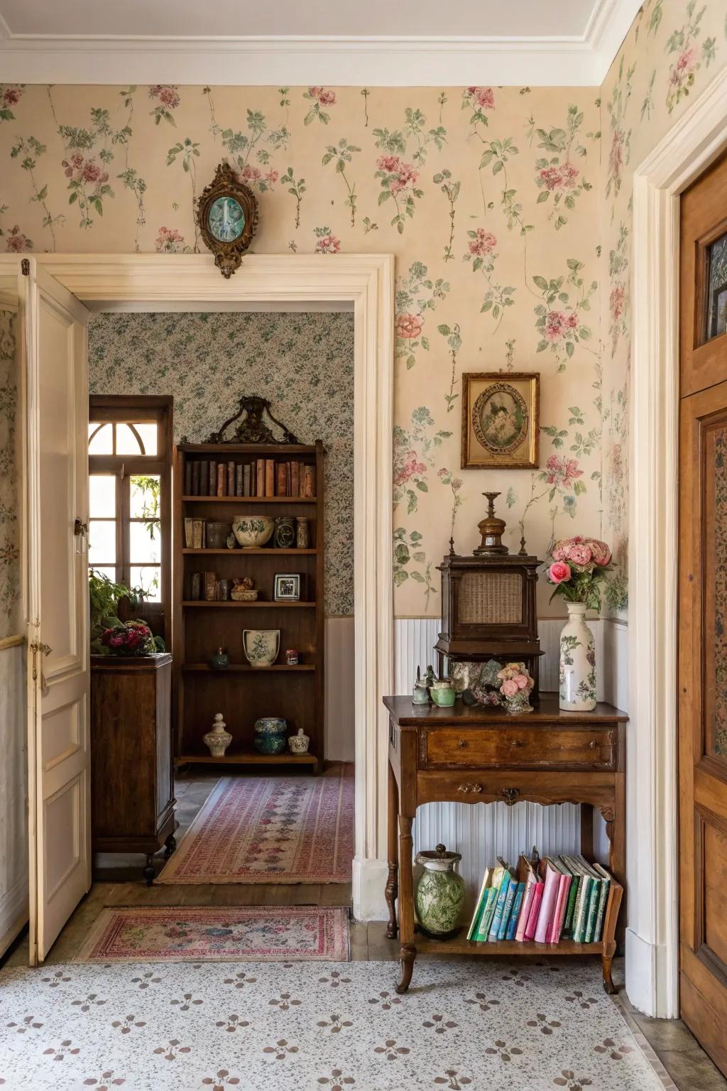 A charming entryway showcases vintage wallpaper, evoking a sense of nostalgia.