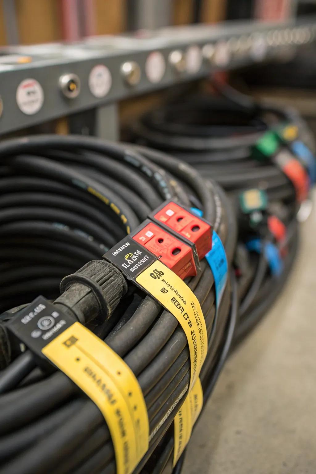 Color-coded labels simplify finding the right cord quickly.