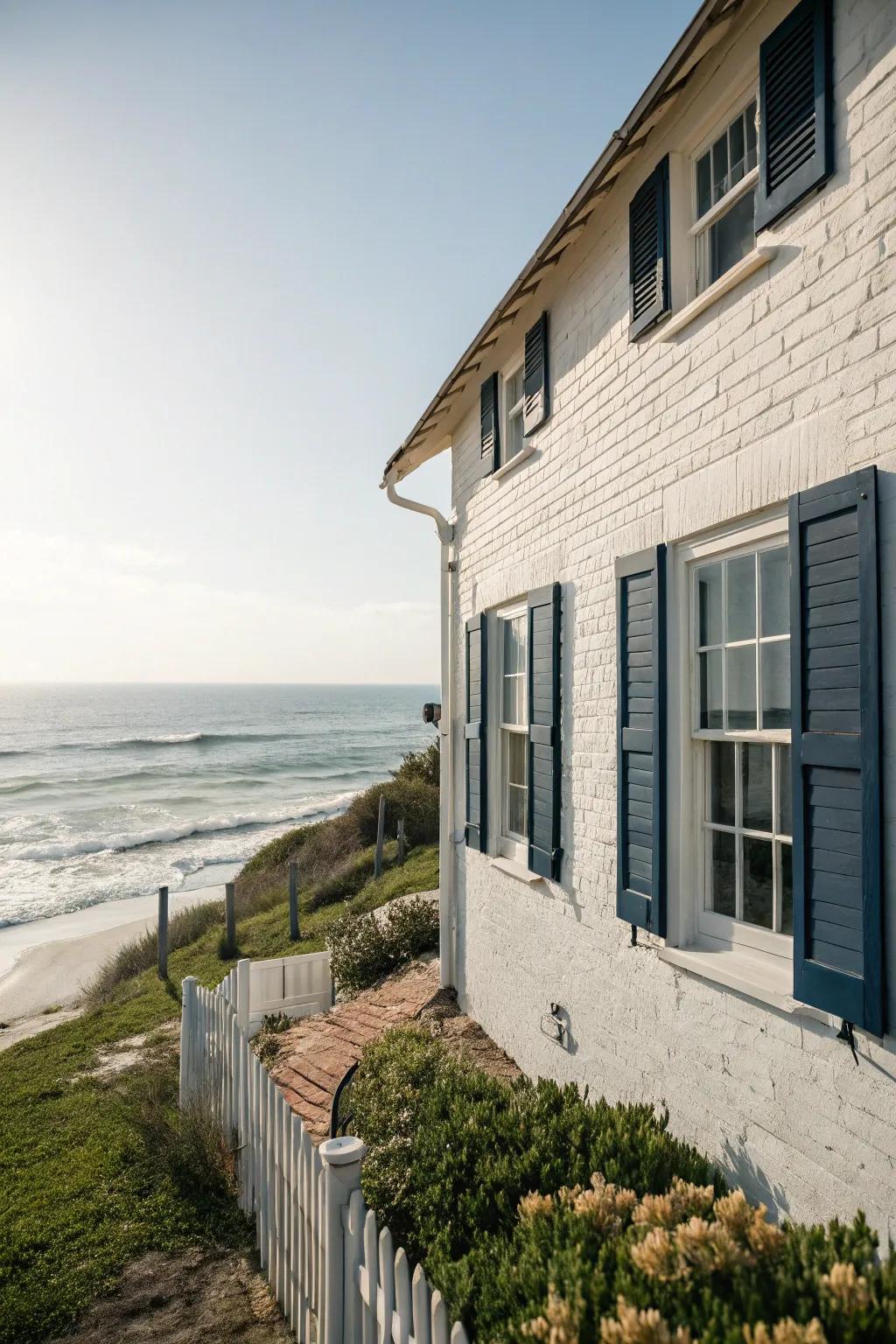 Nautical vibes with whitewashed brick and deep blue.
