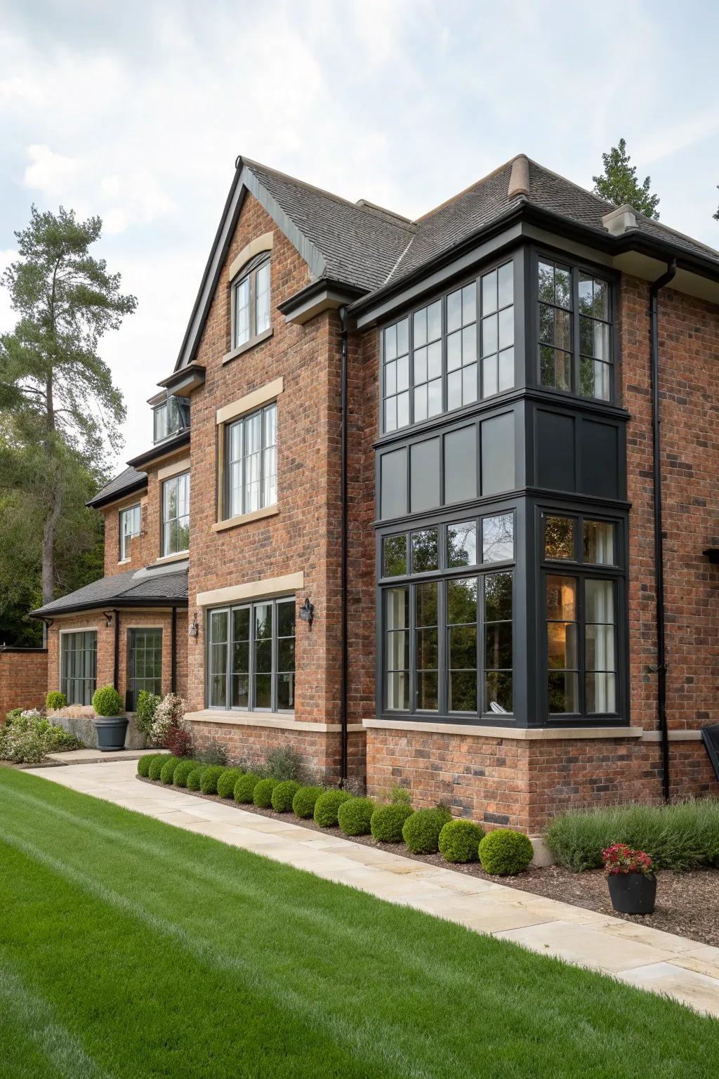 Unique window styles can modernize a brick exterior.