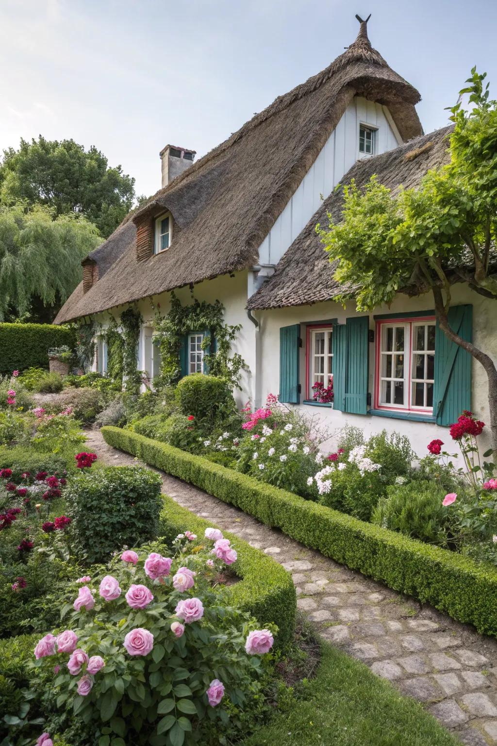 A charming country-style home with quaint details and a lush garden.