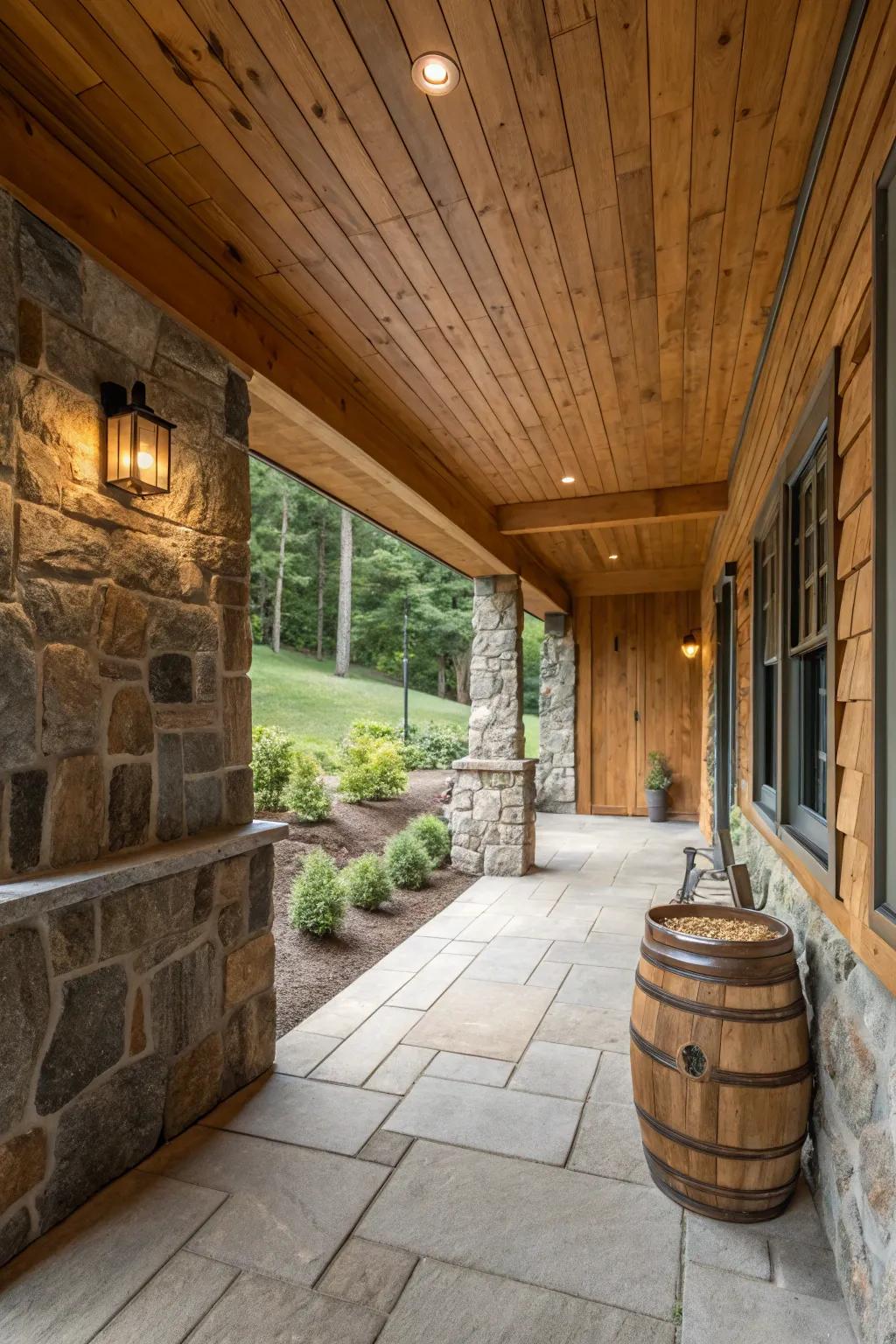 Timber and stone details add natural charm to a walkout basement.