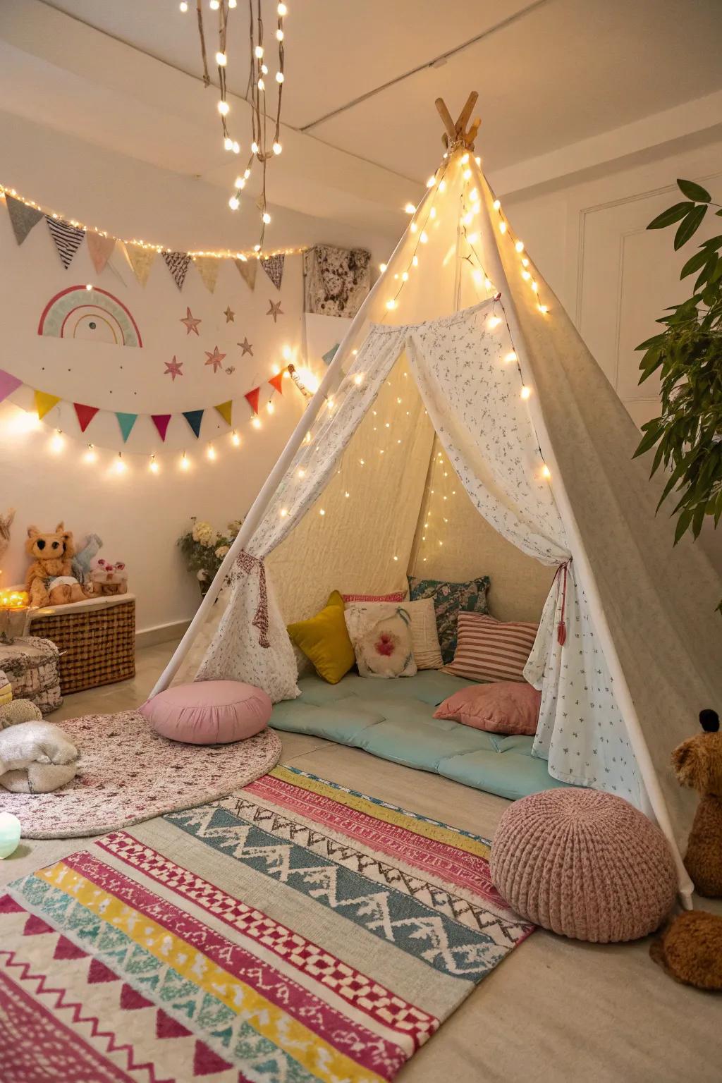 Experience whimsy with a tent-style fabric ceiling.