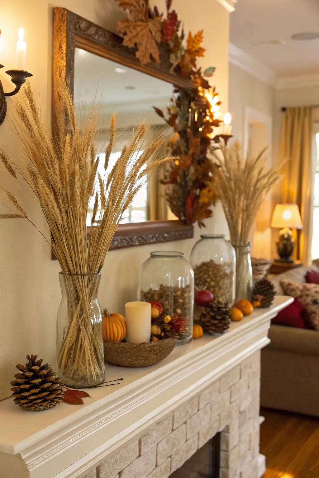 Wheat and reeds in vases introduce a natural touch to fall décor.