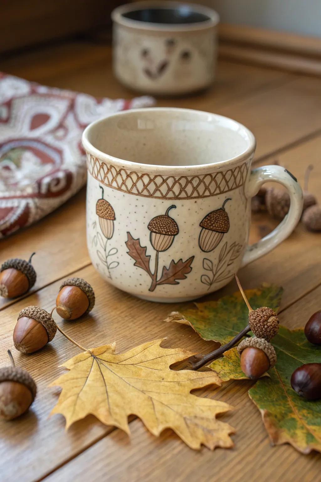 A cup featuring charming acorn motifs.