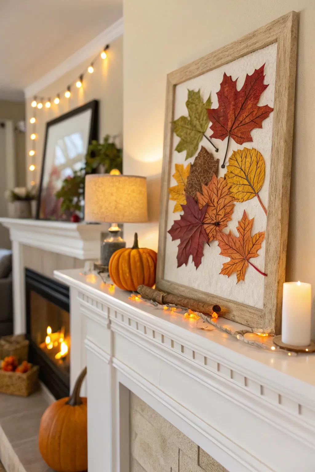 A fall mantel showcasing a beautiful seasonal art piece.