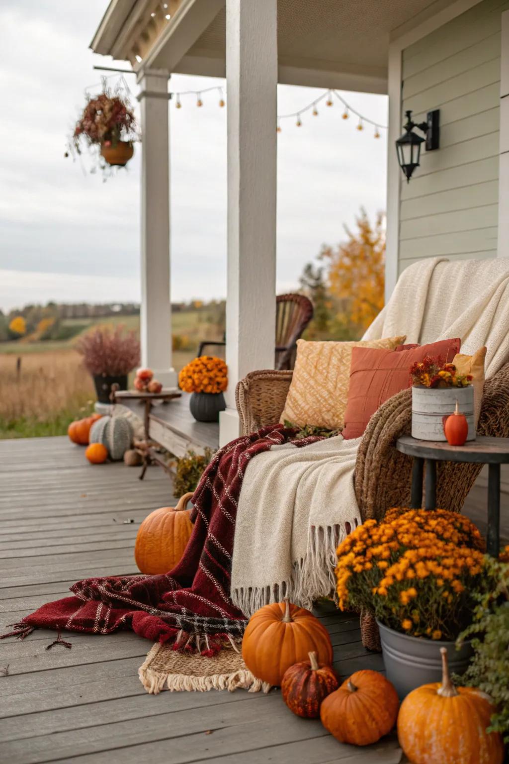 Comfortable textiles add warmth and coziness to the porch decor.