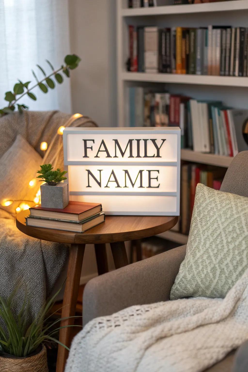 An inspirational lineage name marker proffering a heartfelt flourish in a reading alcove.