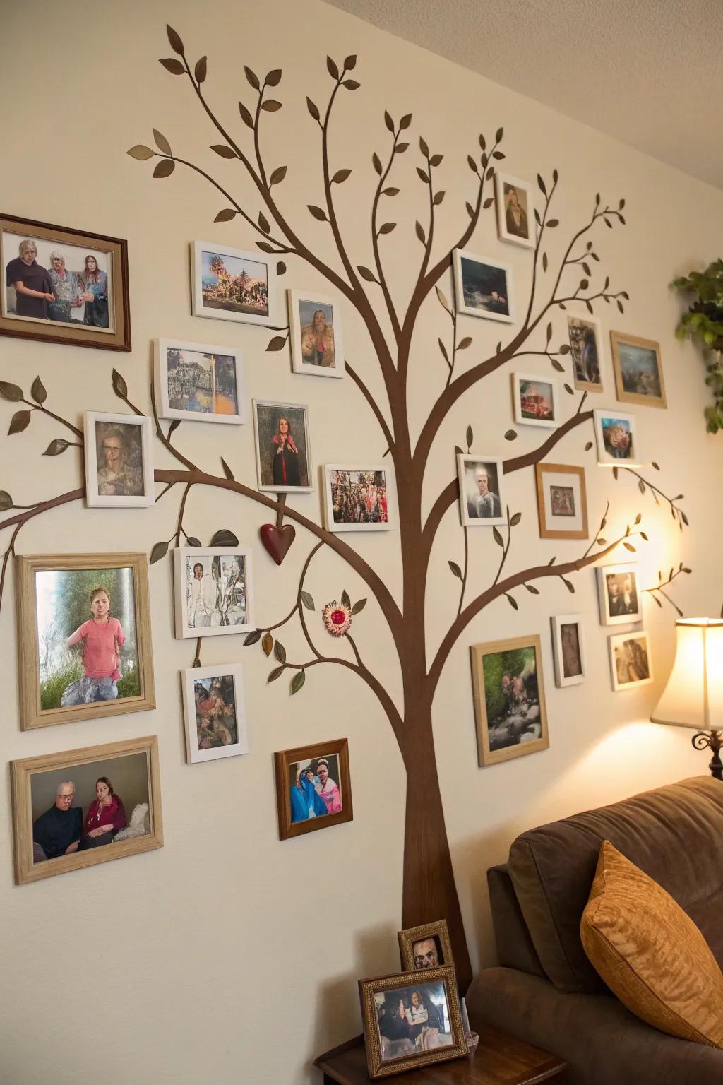 An ancestral tree display showcasing framed portraits