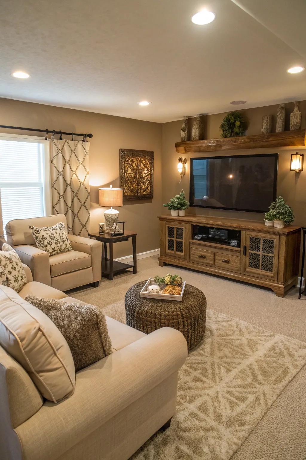 Neutral tones create a serene and welcoming atmosphere in the family room.