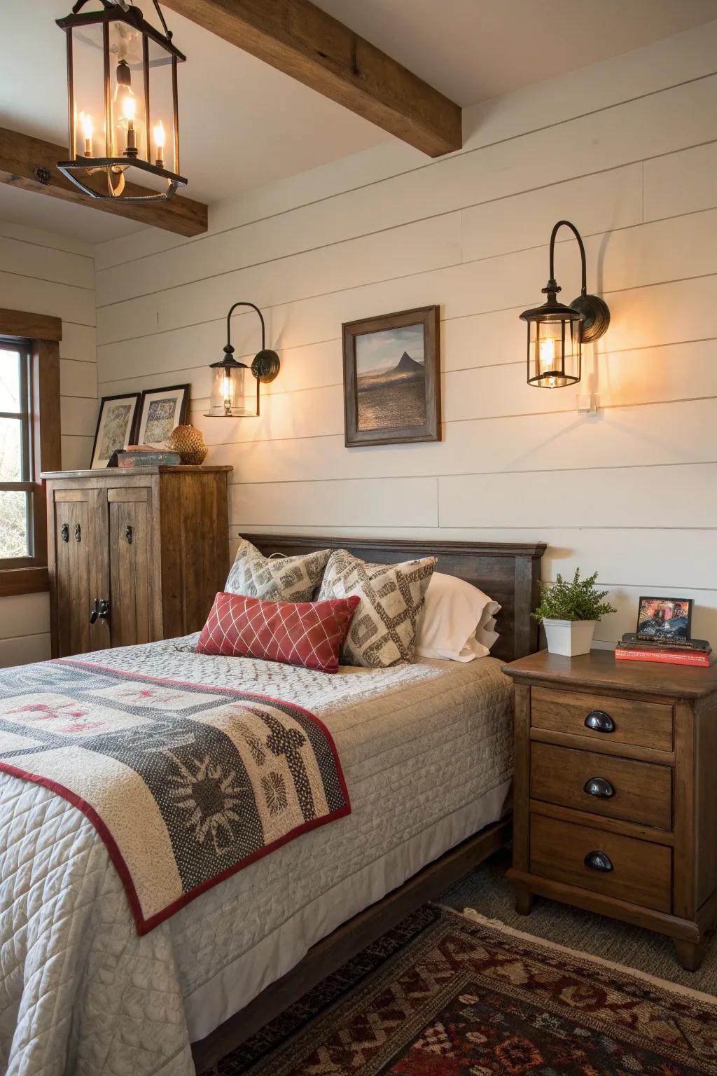 Industrial wall lights offer gentle illumination.