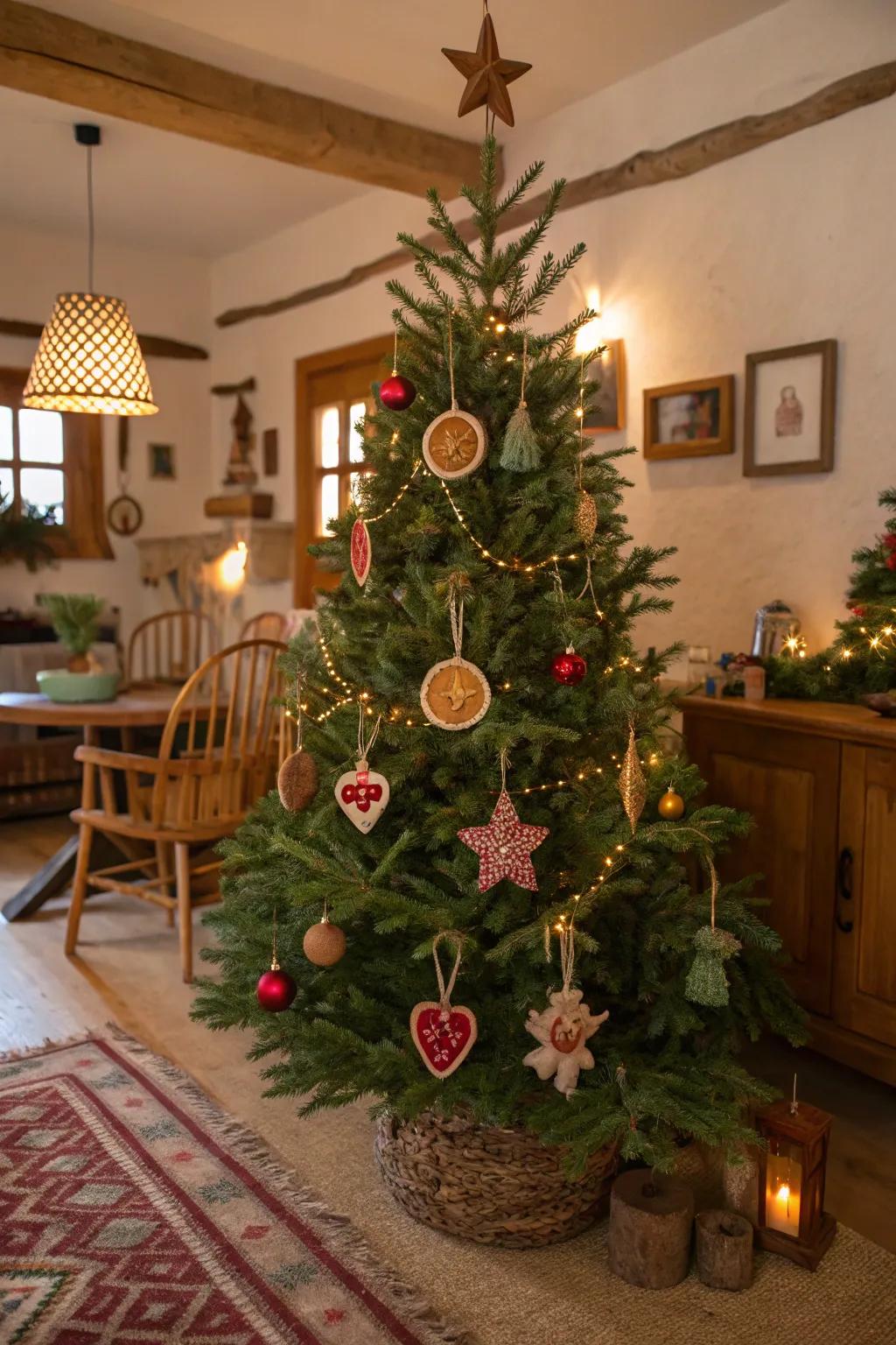 Artisan ornaments add a personal and charming touch to this tree.