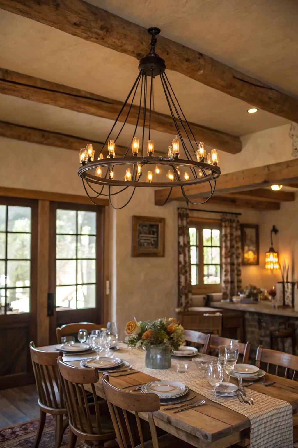 A light fixture with Edison bulbs casts a warm glow throughout this farmhouse dining room.