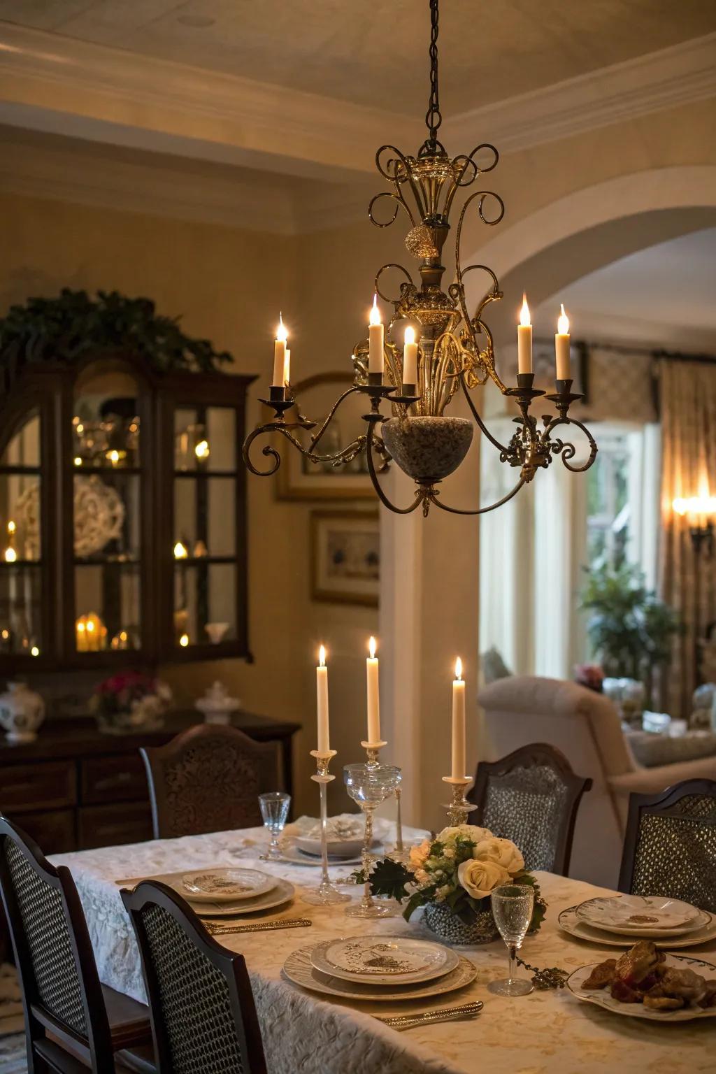 Tapered illumination chandeliers evoke a warm and intimate atmosphere.