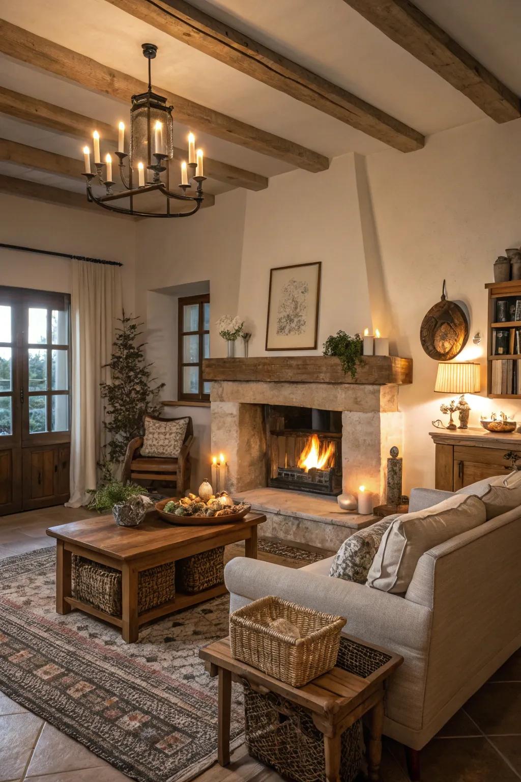 Gentle glow enhancing the coziness of a farmhouse fireplace.