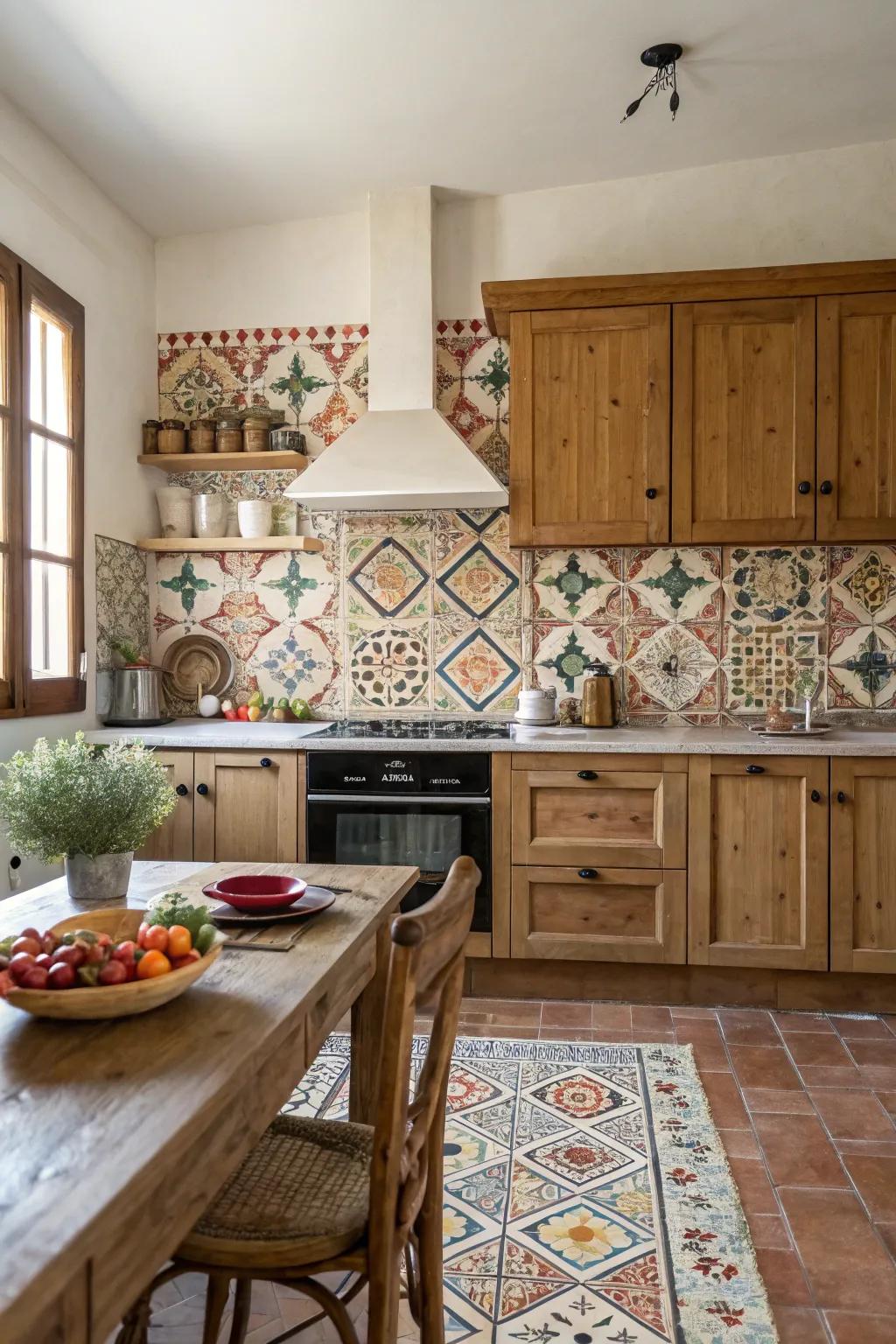 A farmhouse kitchen displaying statement patterned ceramic backsplashes.