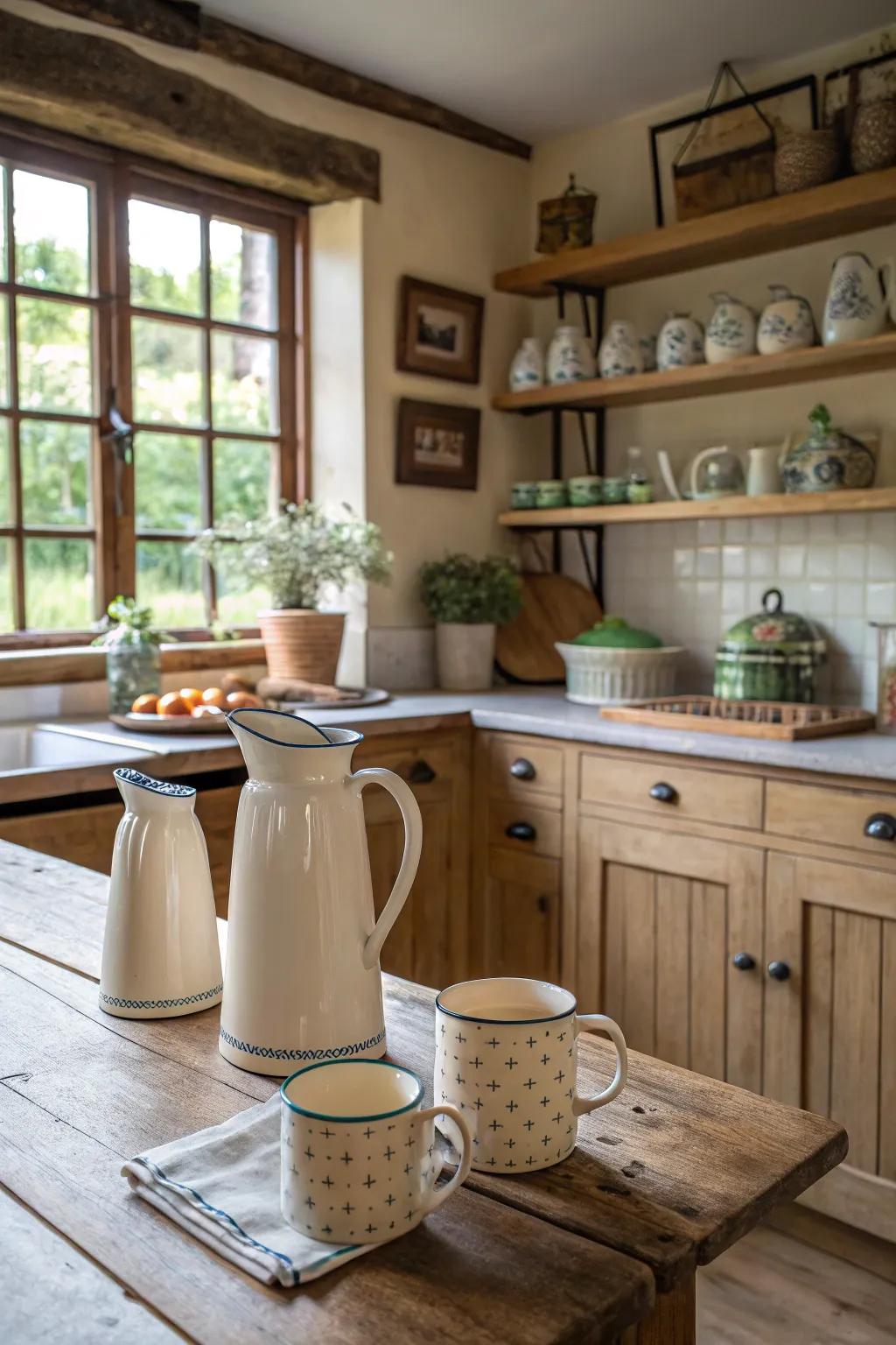 Functional décor pieces adding charm and practicality to a farmhouse kitchen.