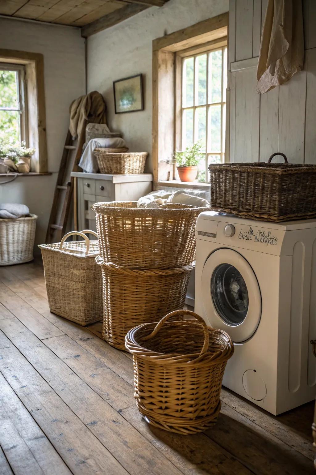 Decorative baskets offer both function and flair in this farmhouse laundry area.