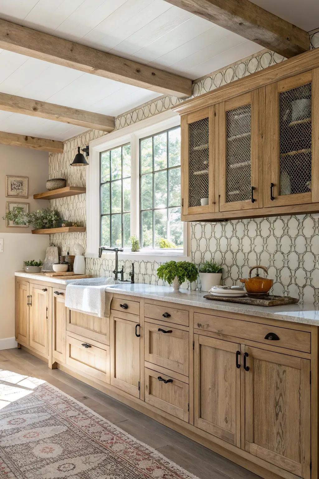 Tactile backsplashes intensify visual interest in a kitchen featuring light-toned wood cabinets.