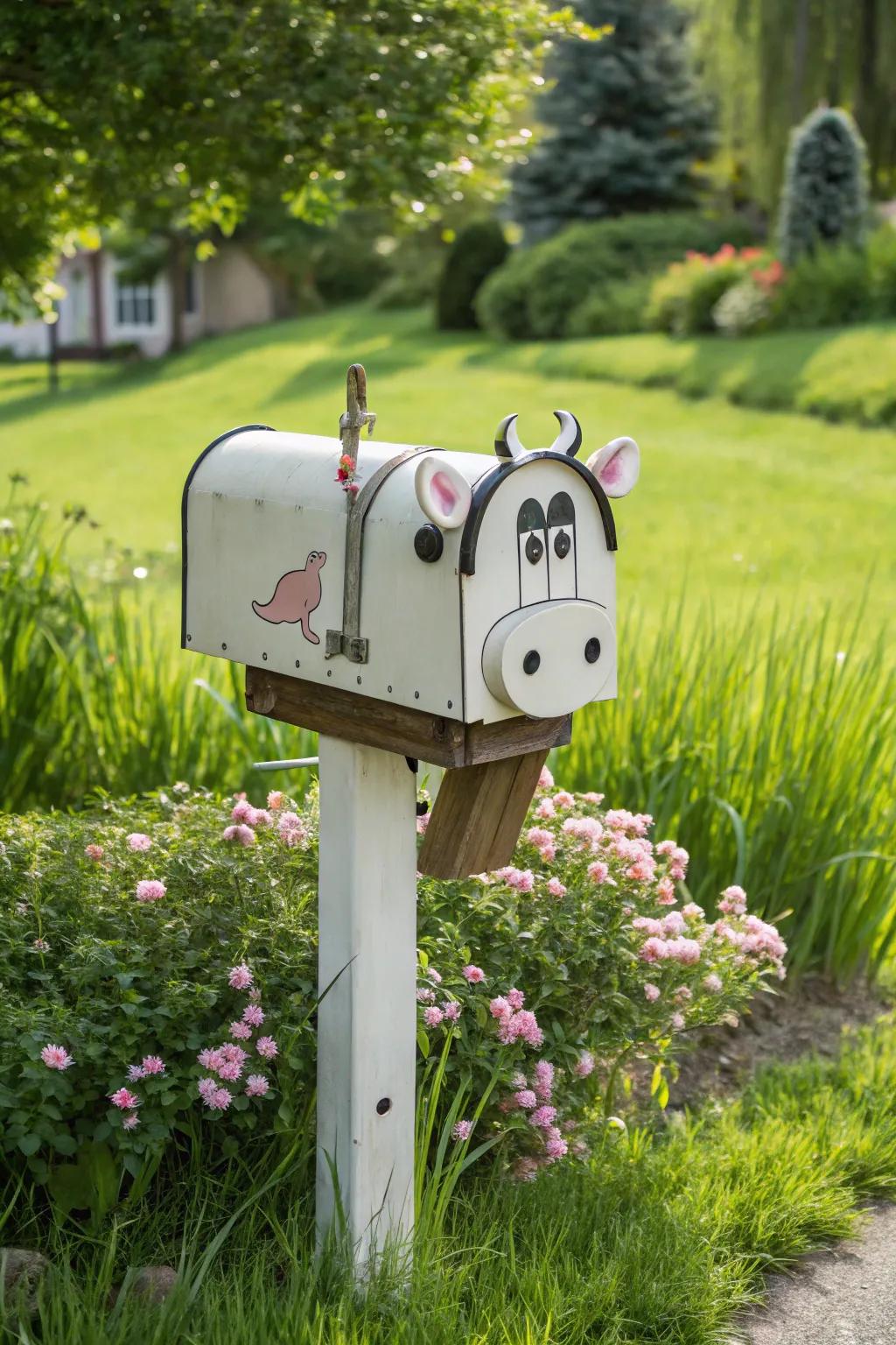 A whimsical animal-shaped letterbox adds a playful touch to the farmhouse setting.