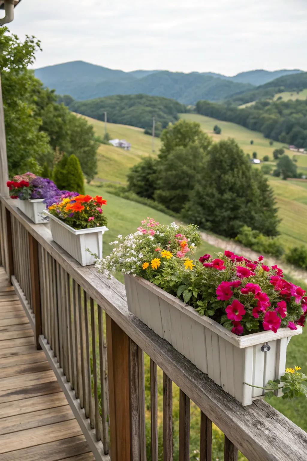 Blooming beauty: Flower boxes on porch balustrade.
