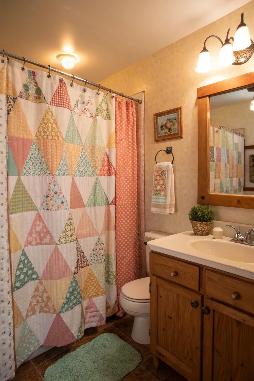 A cozy bathroom with a quilt-like patterned shower drape exuding warmth.