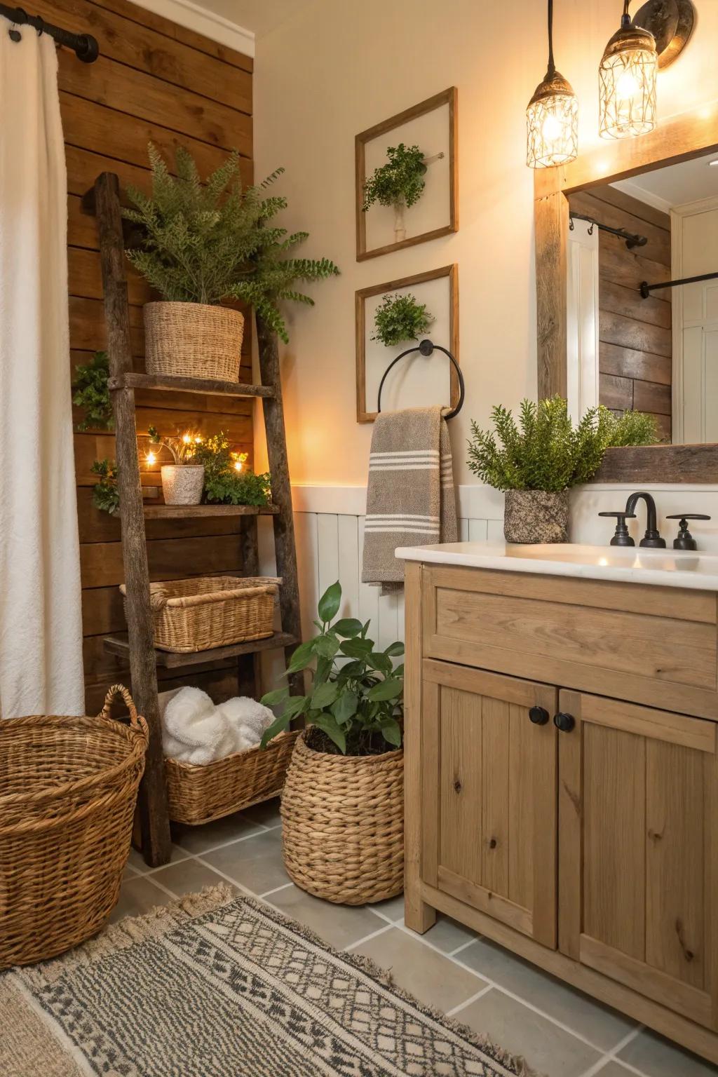 Farmhouse accessories inject warmth and personality into this bathroom.