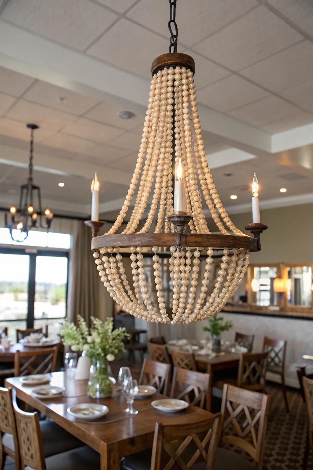 Lighting fixture beautifully decorated with bead strand.