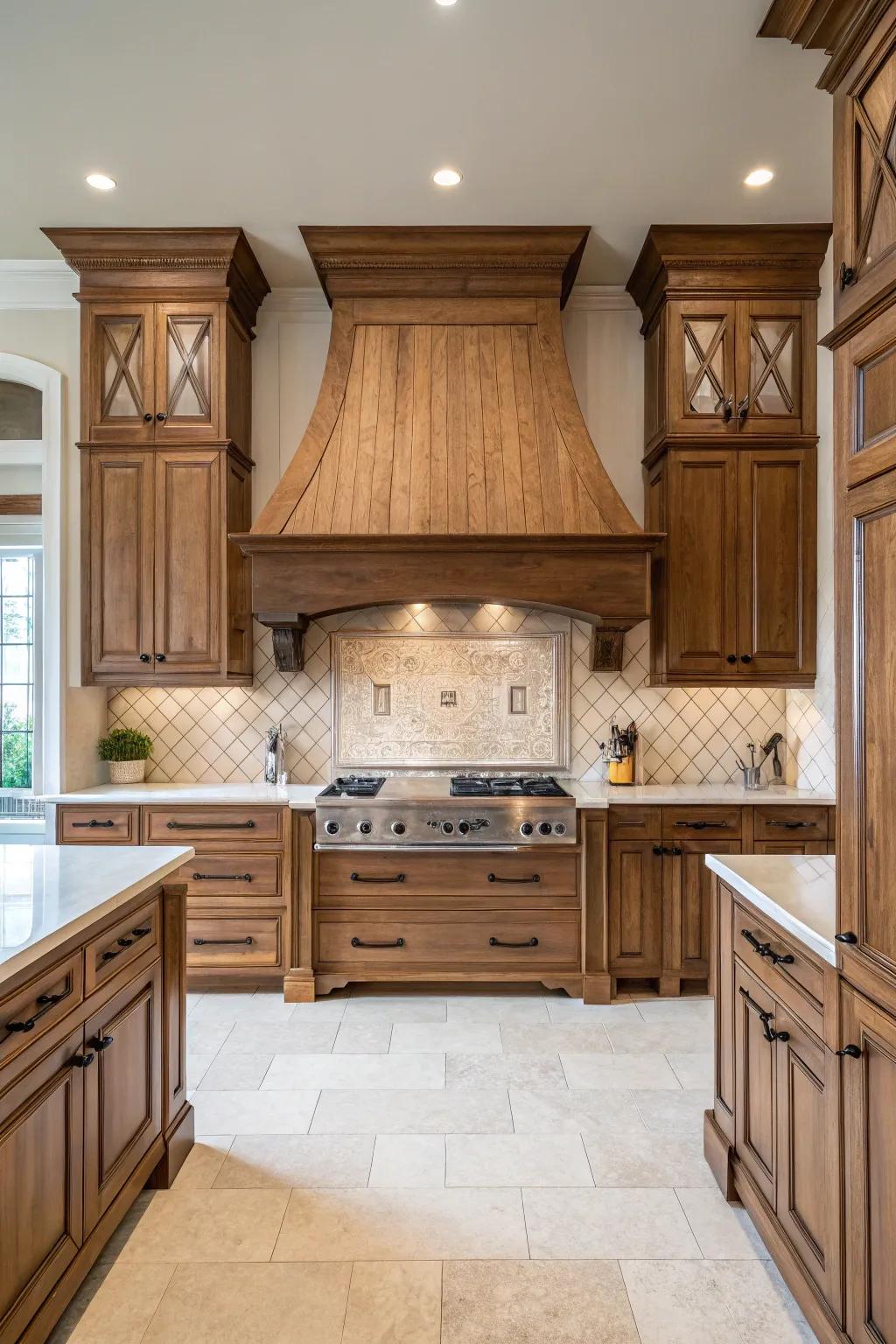 Symmetrical design on a range hood brings harmony to the kitchen.