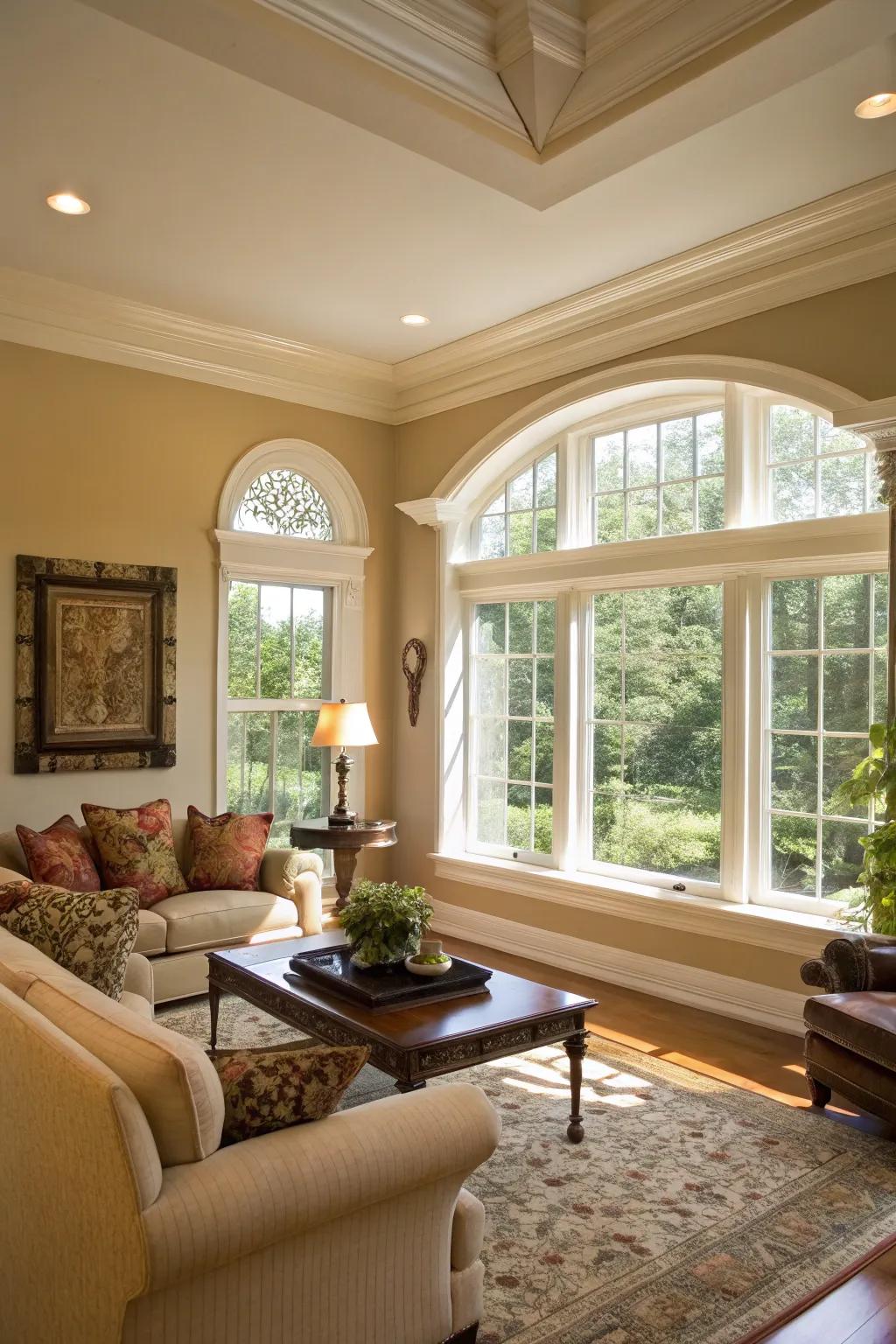 Imposing window frames featuring simulated crown molding.