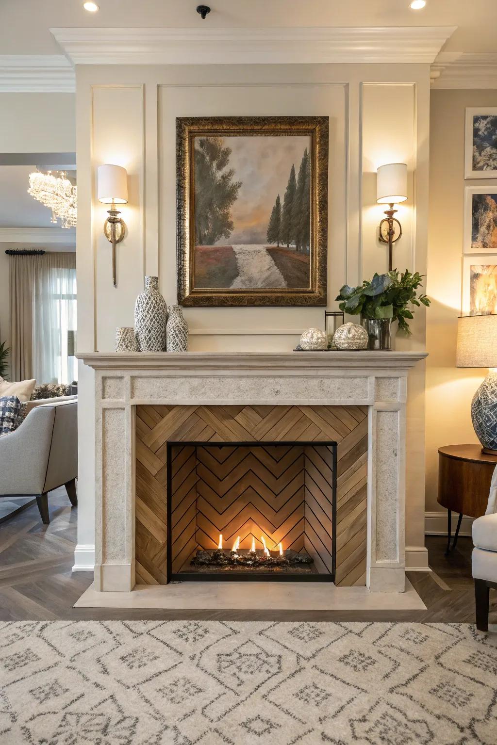 An imitation fireplace featuring an attention-grabbing herringbone patterned firebox.