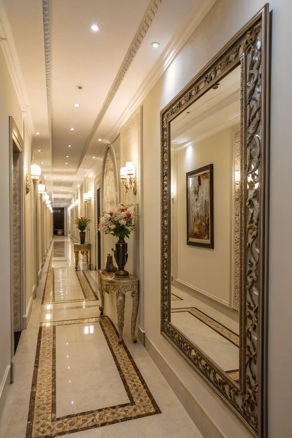Mirrors generate the semblance of added area within this hallway.