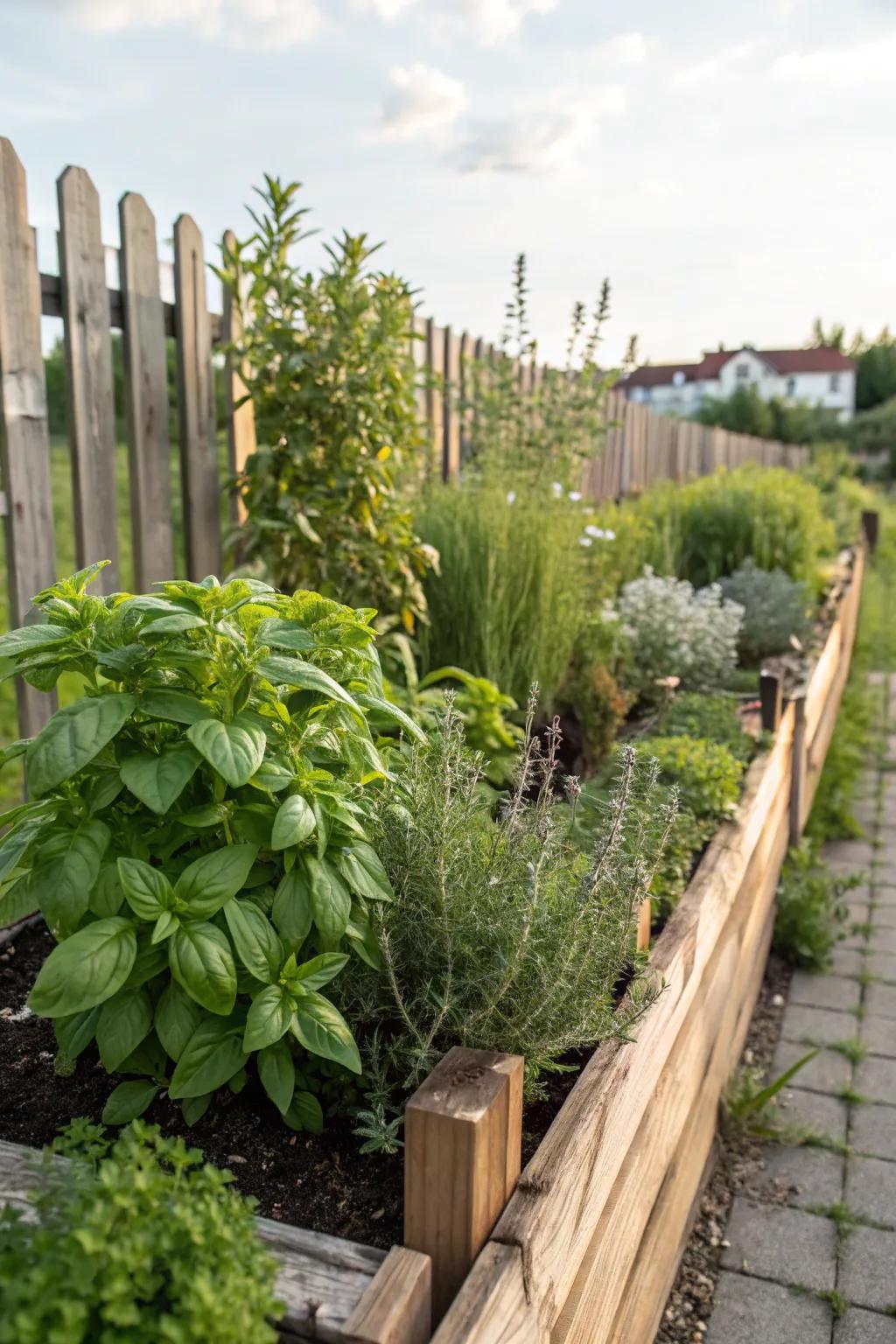 A fence spice garden serves as both decorative and utilitarian.