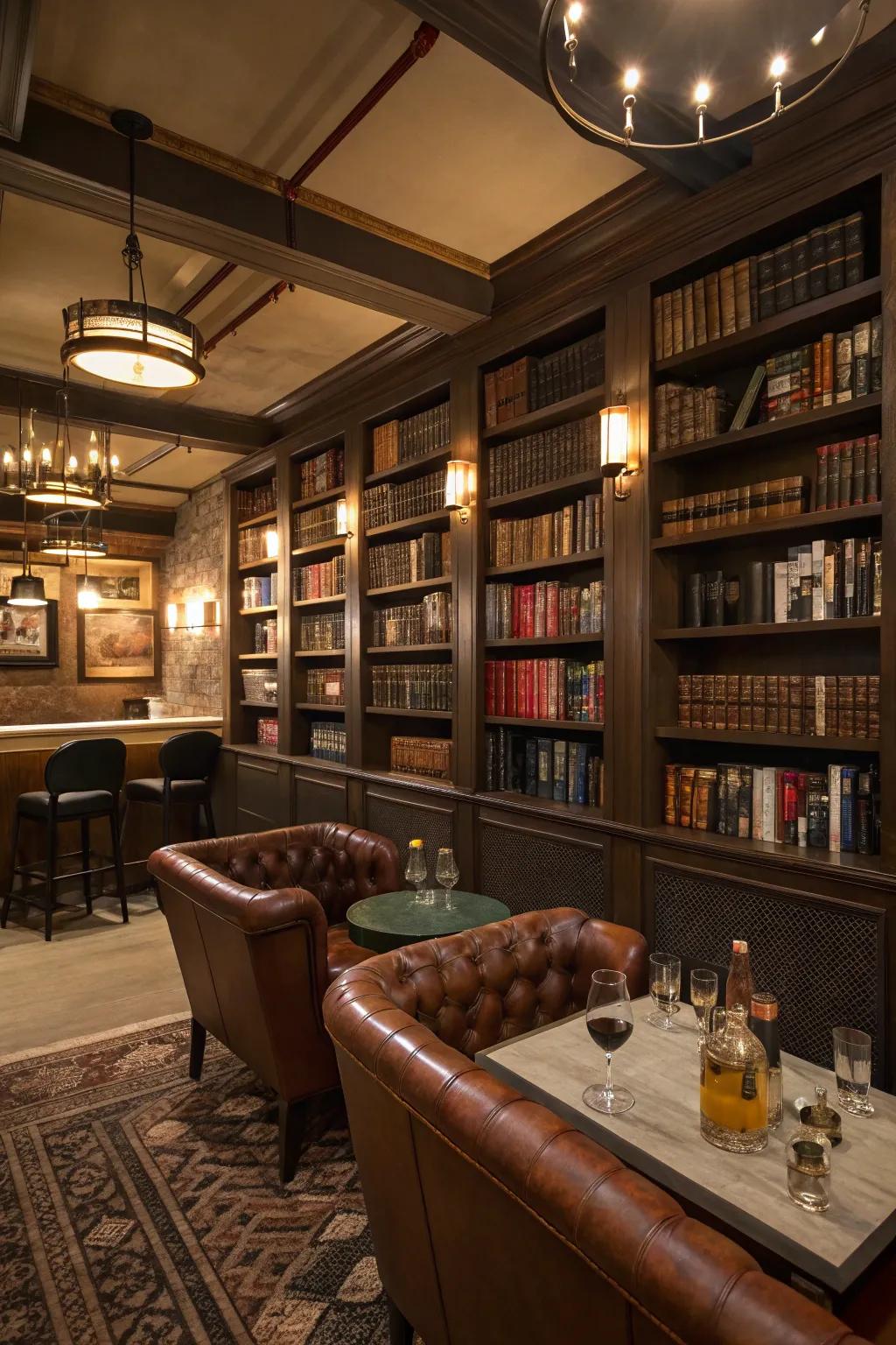 Loosen up in a comforting library-themed lounge in your basement.