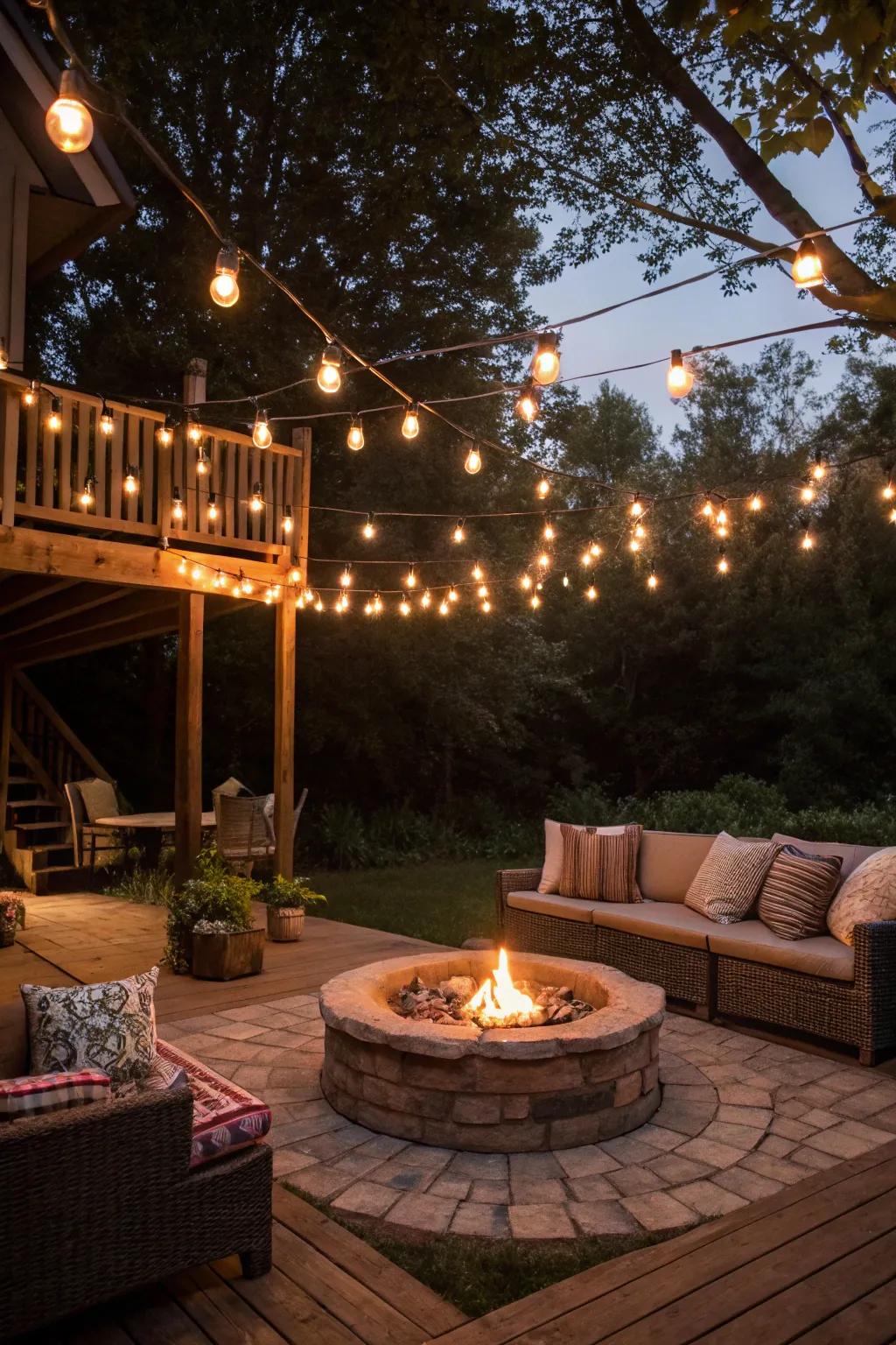 Twinkle lights add charm to your fire pit area.
