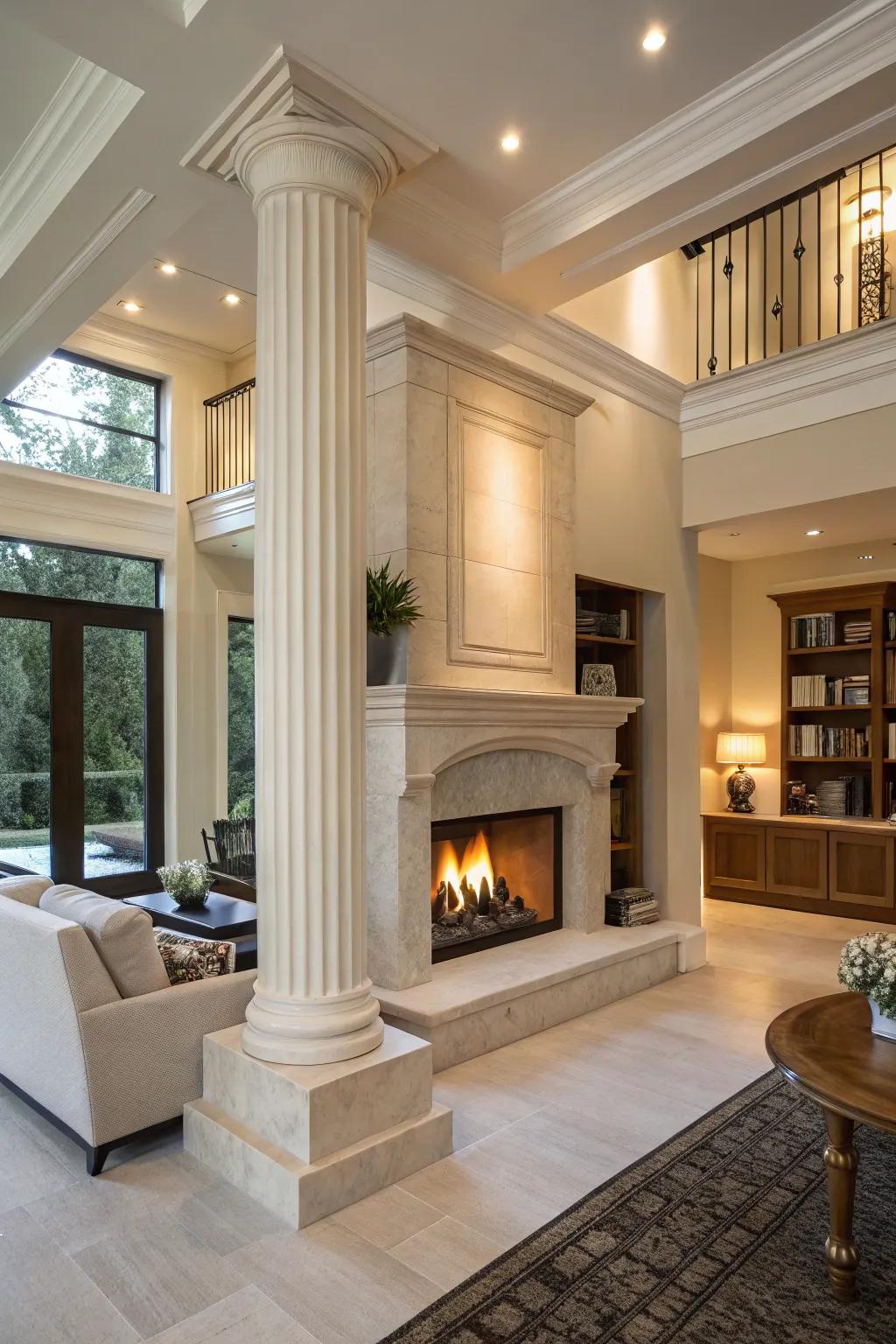 A modern living space showcasing a central fireplace that's incorporated with design columns.