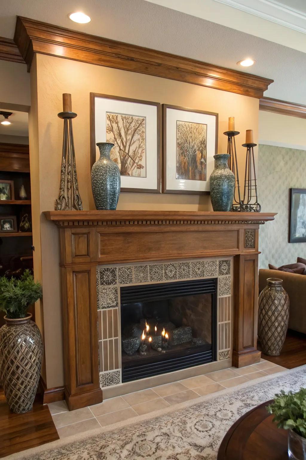 A fusion of aesthetics presenting a distinctive spin to the mantel decorations.