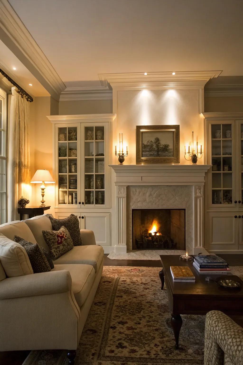 Ambient lighting enriches both the display and atmosphere of your fireplace cabinets.