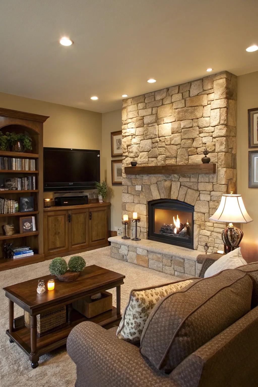 A family room showcasing a natural stone fireplace wall along with a TV.