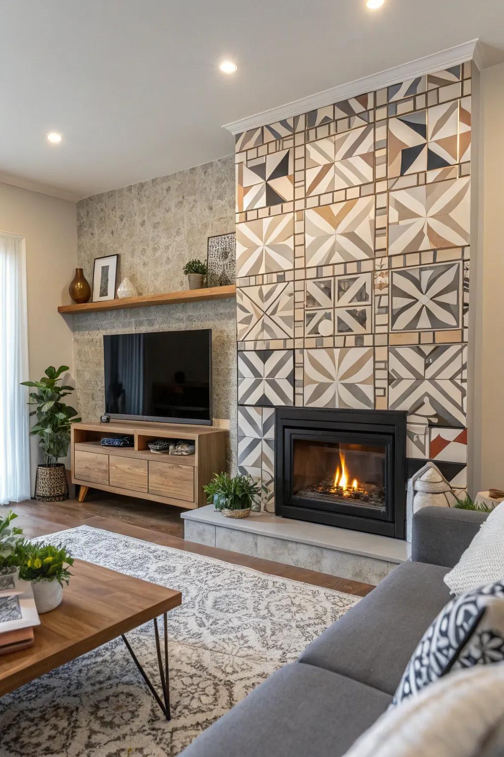 Geometric tiles incorporate a contemporary twist into this fireplace wall.