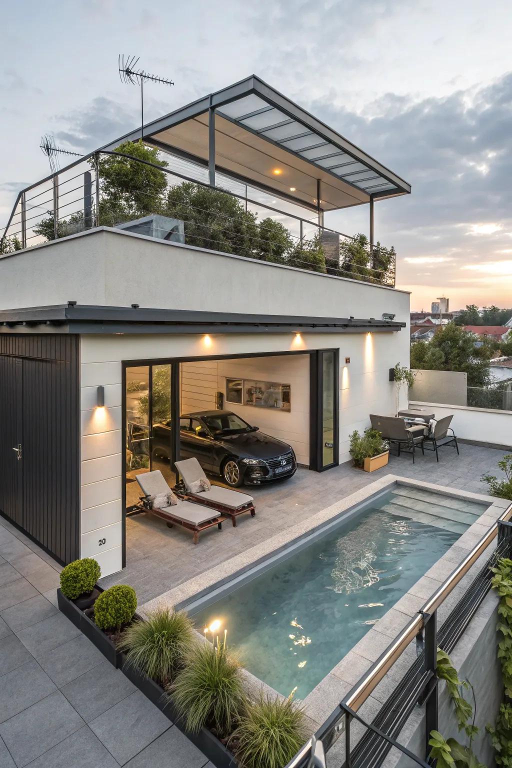 A rooftop plunge over a flat roof garage epitomizes luxurious living.