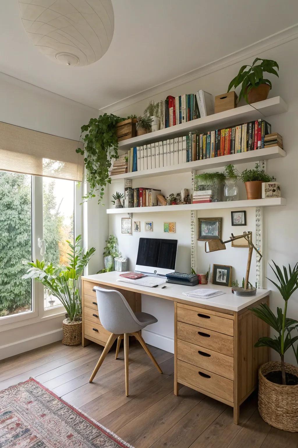 Effective home office featuring display racks for storage.