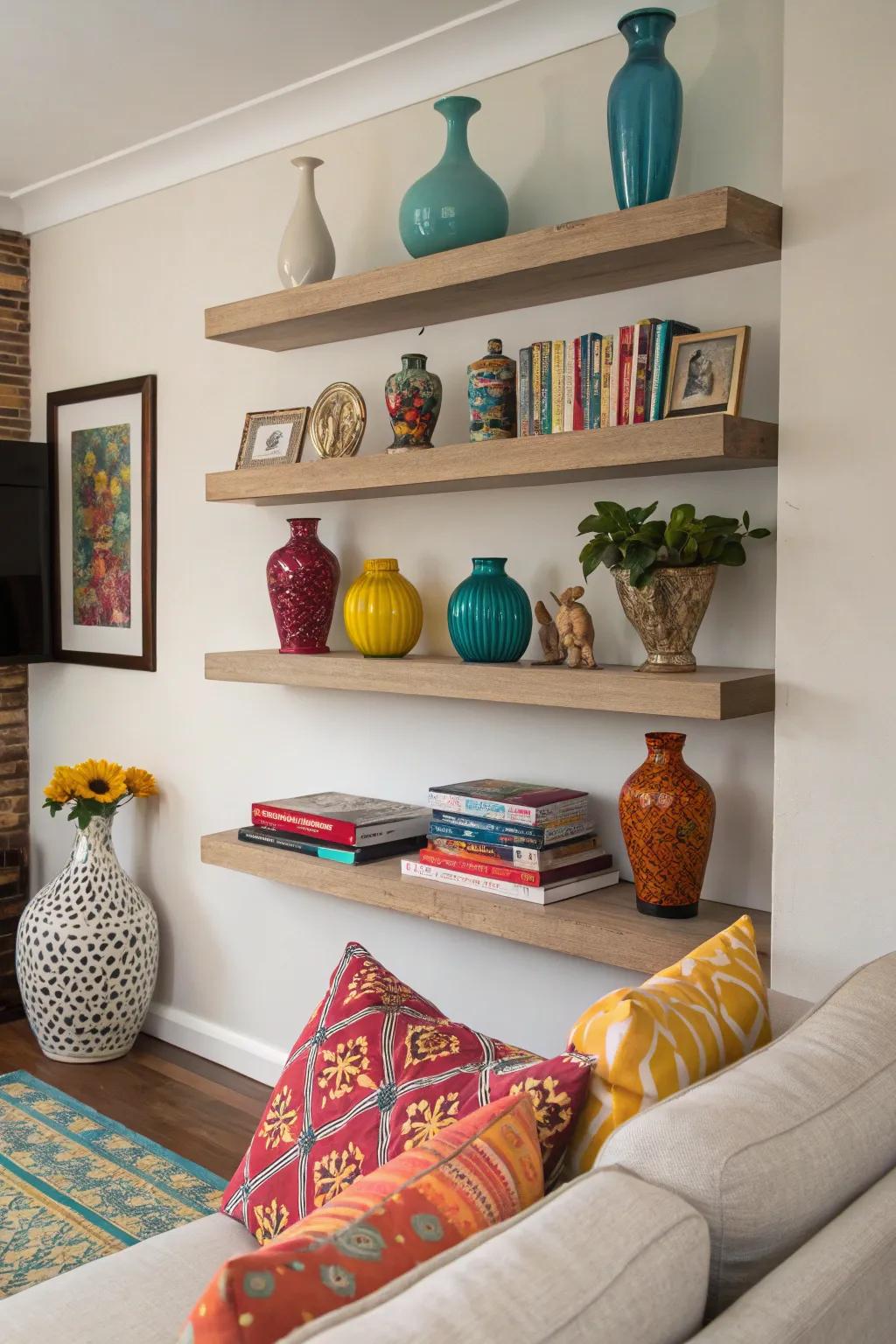 Floating shelves with colorful accessories add vibrancy