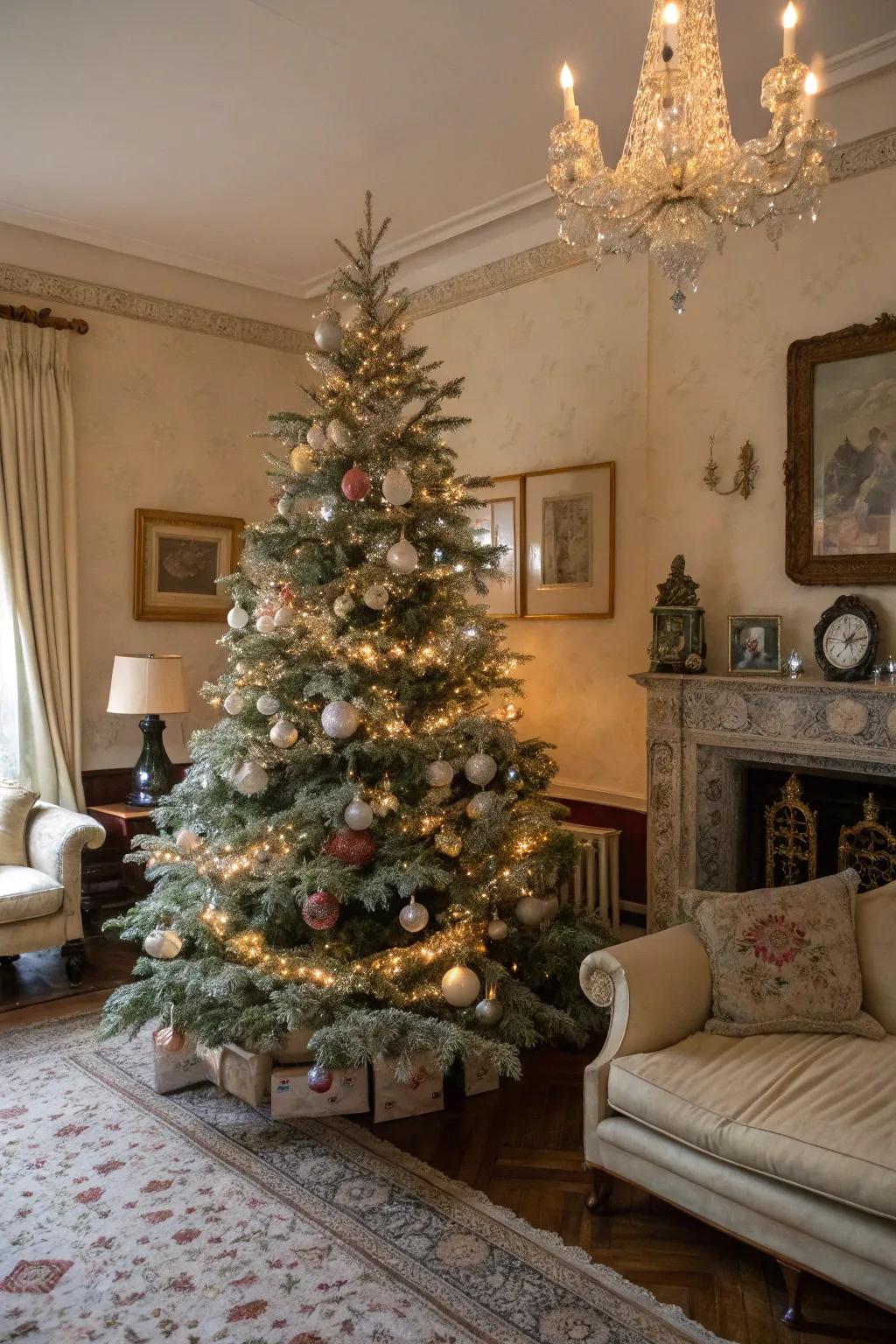 A retro glamour-themed flocked Christmas tree.