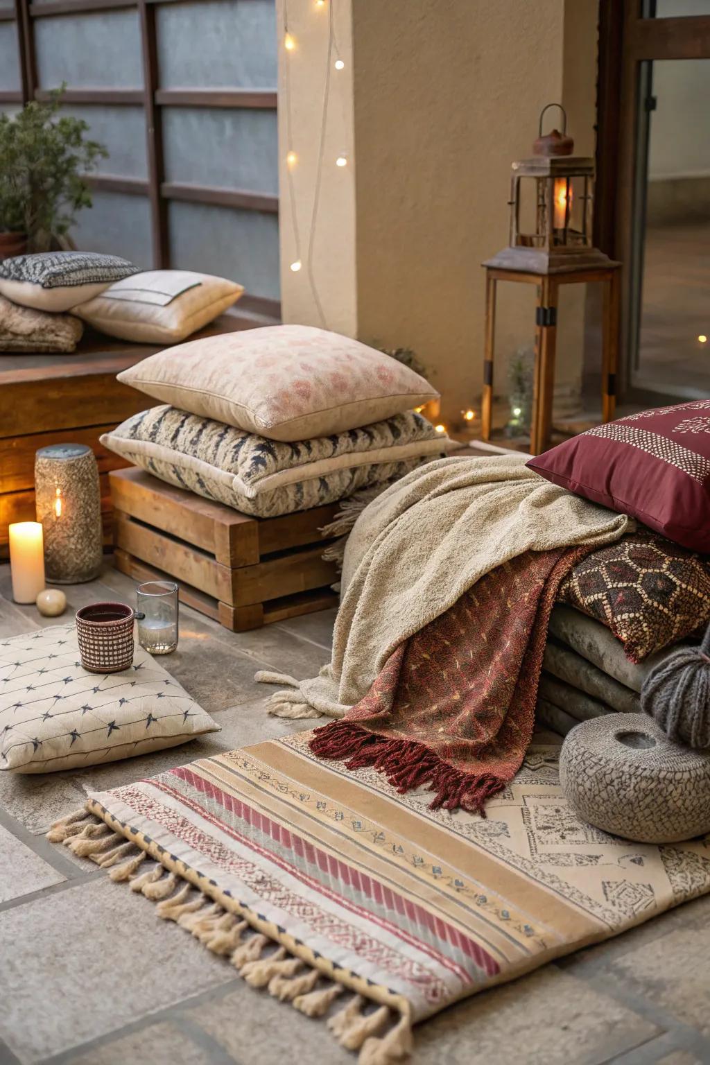 Layered textures add depth and warmth to your seating area.